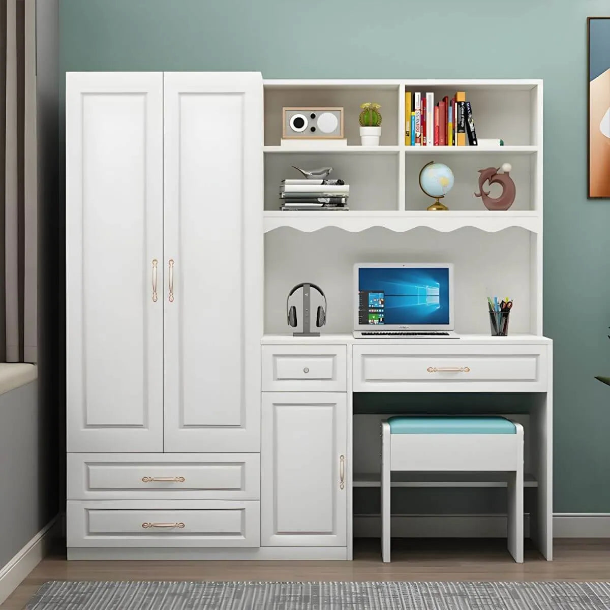 White Wardrobe Desk Armoire With Bookcase Storage System