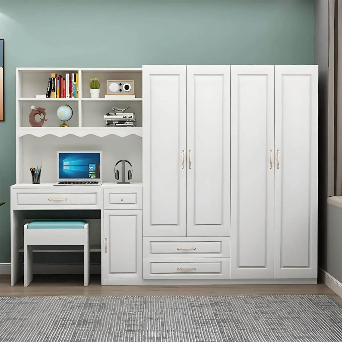 White Wardrobe Desk Armoire With Bookcase Storage System
