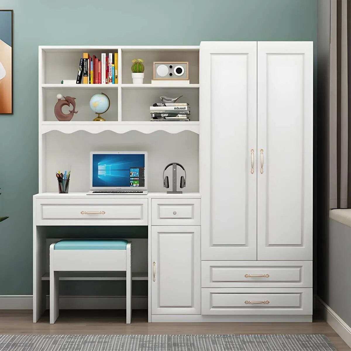 White Wardrobe Desk Armoire With Bookcase Storage System
