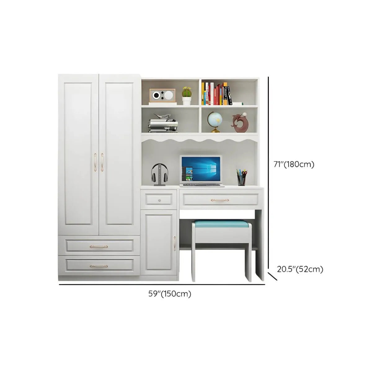 White Wardrobe Desk Armoire With Bookcase Storage System Dimensions