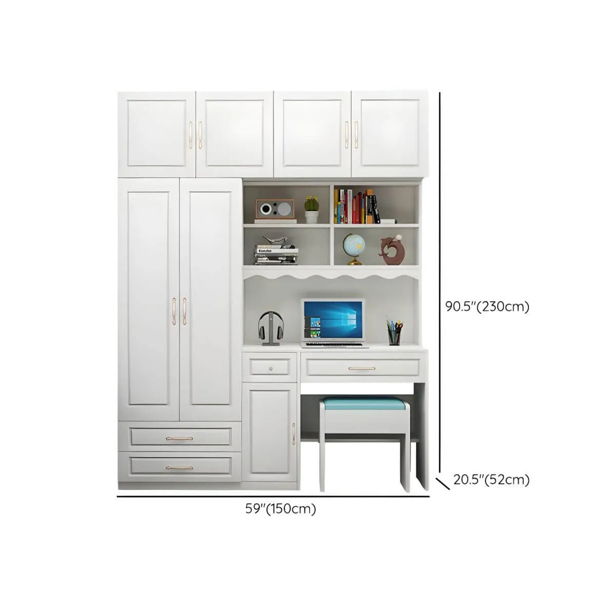 White Wardrobe Desk Armoire With Bookcase Storage System Dimensions