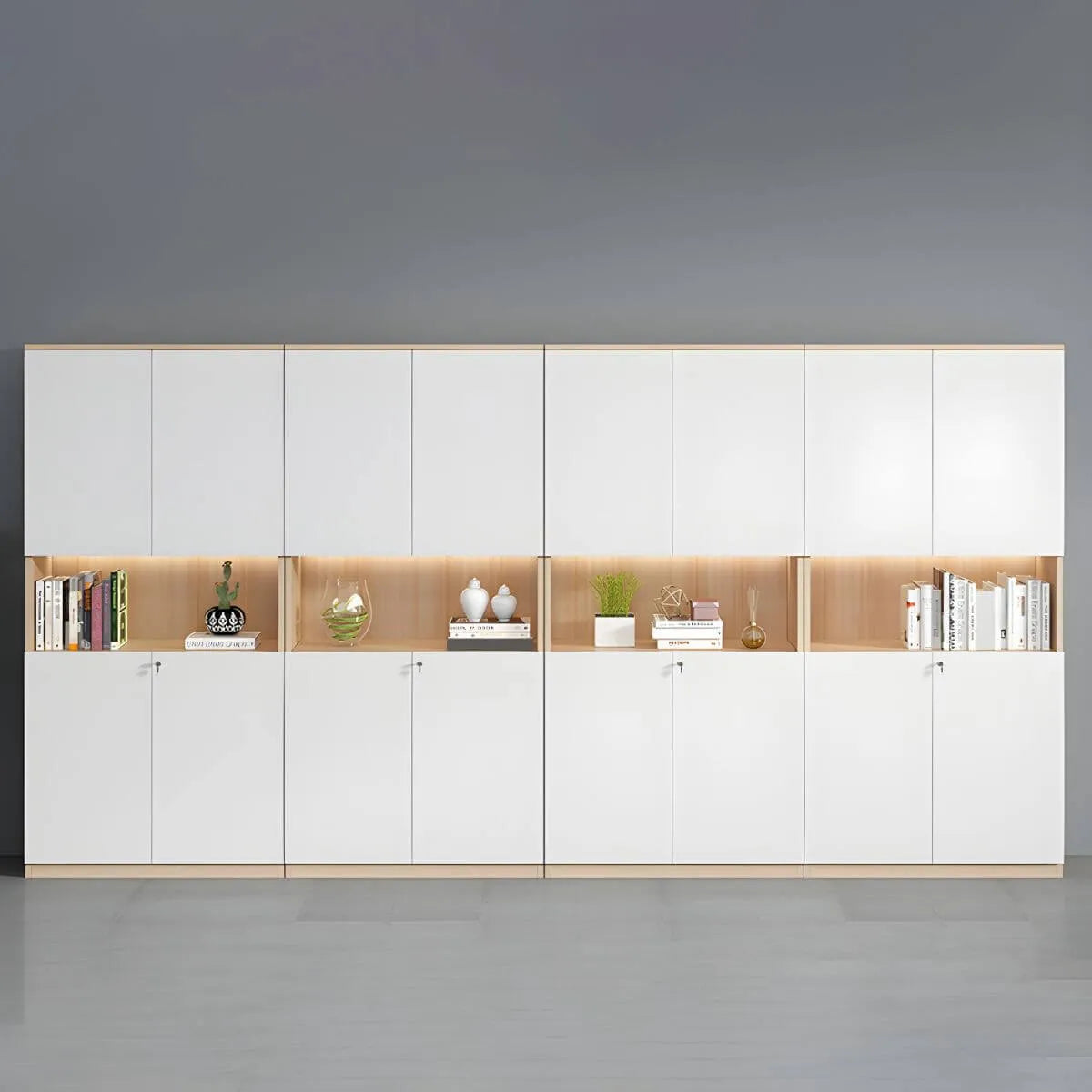 White Wood Display Filing Cabinet With Locking Storage Doors