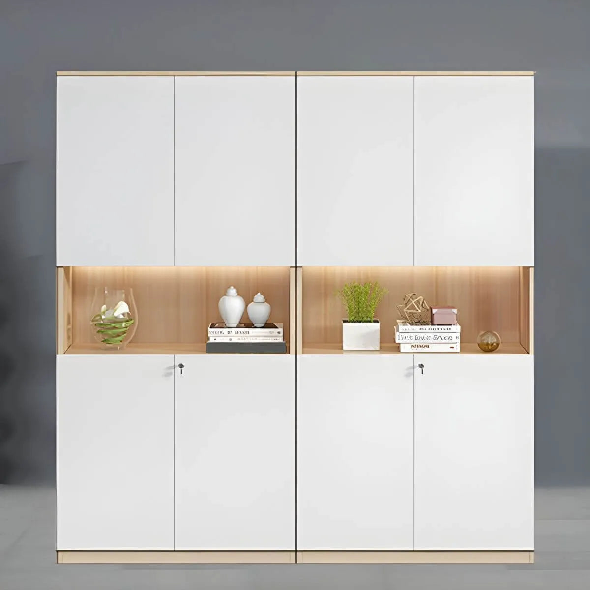 White Wood Display Filing Cabinet With Locking Storage Doors