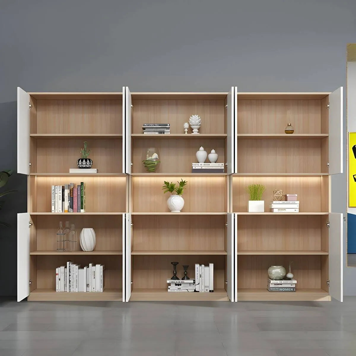 White Wood Display Filing Cabinet With Locking Storage Doors