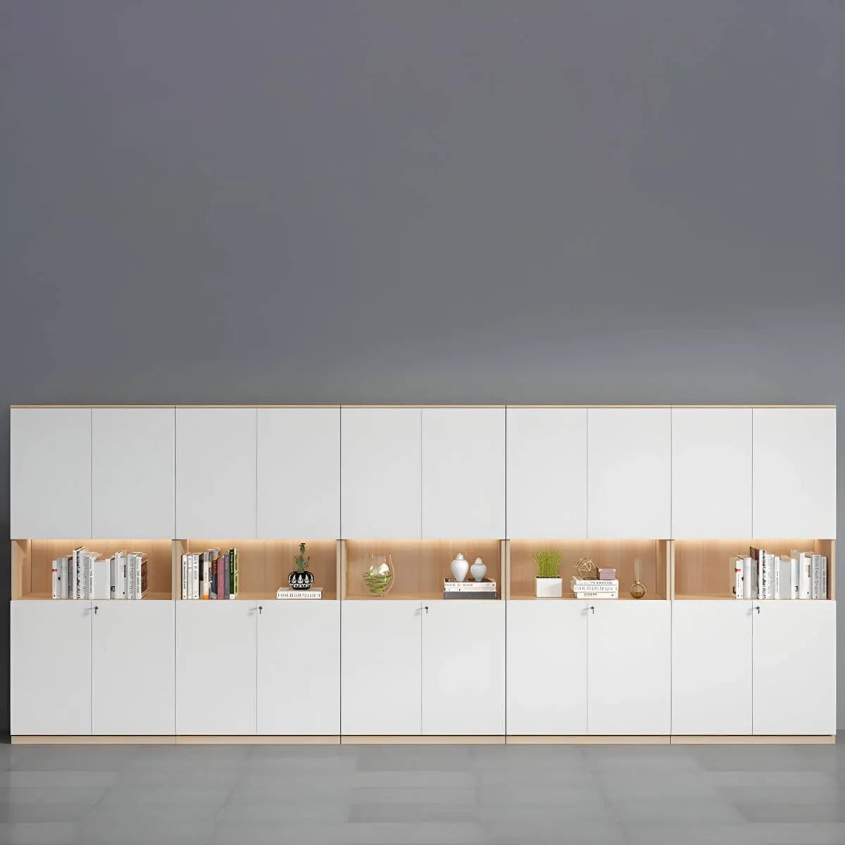White Wood Display Filing Cabinet With Locking Storage Doors