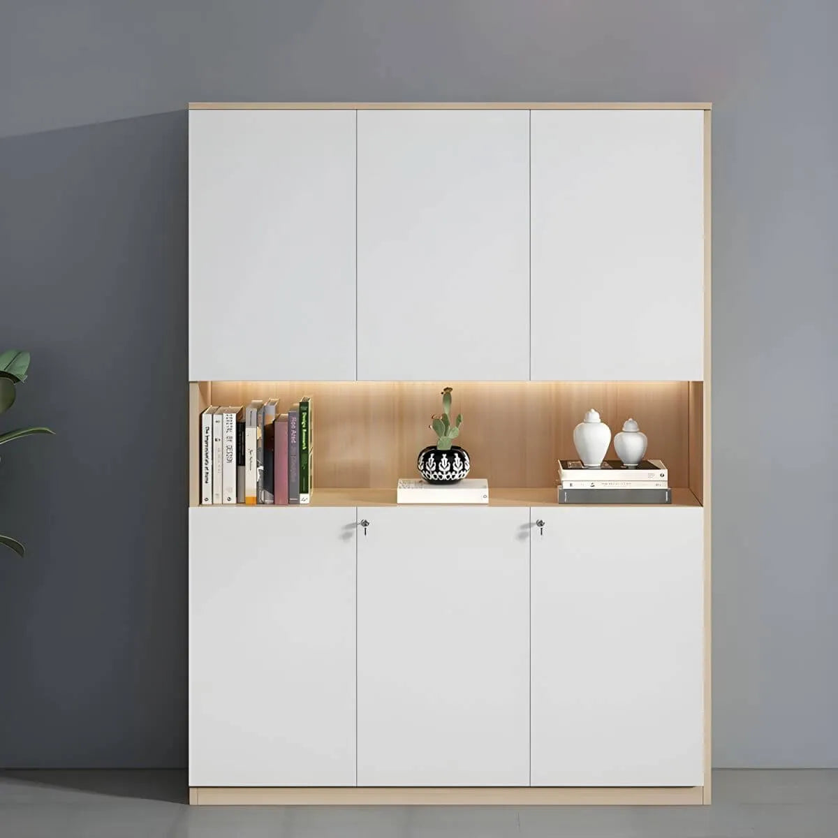 White Wood Display Filing Cabinet With Locking Storage Doors