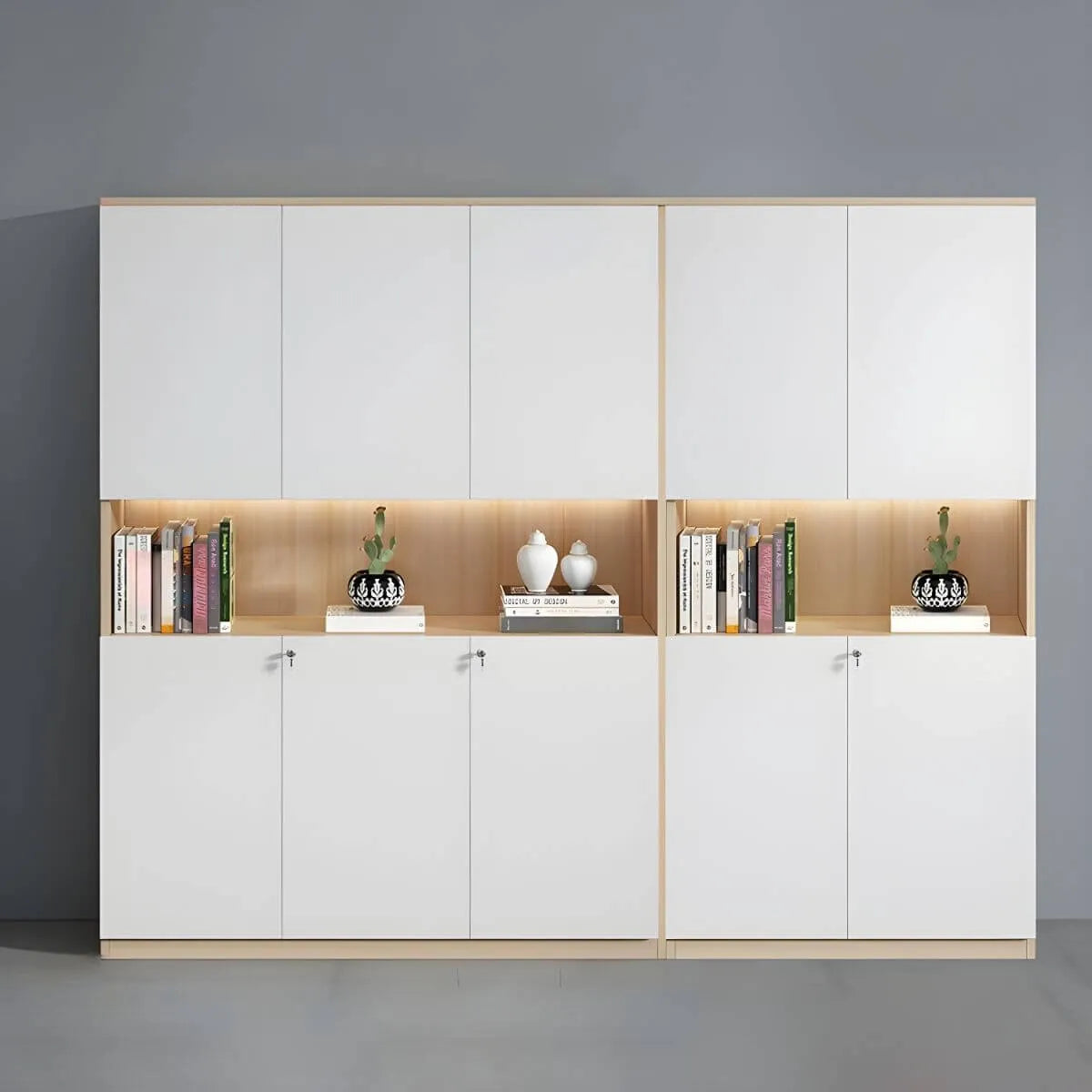 White Wood Display Filing Cabinet With Locking Storage Doors