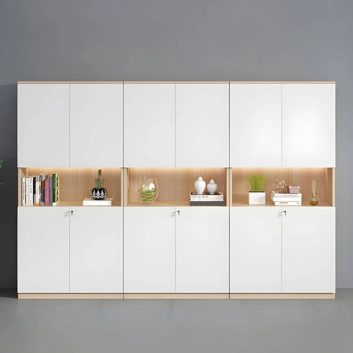 White Wood Display Filing Cabinet With Locking Storage Doors