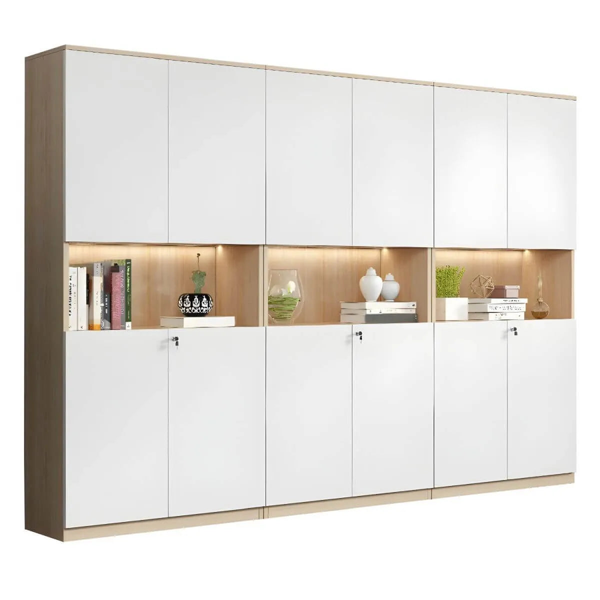 White Wood Display Filing Cabinet With Locking Storage Doors
