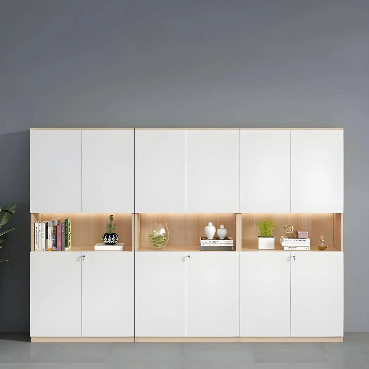 White Wood Display Filing Cabinet With Locking Storage Doors