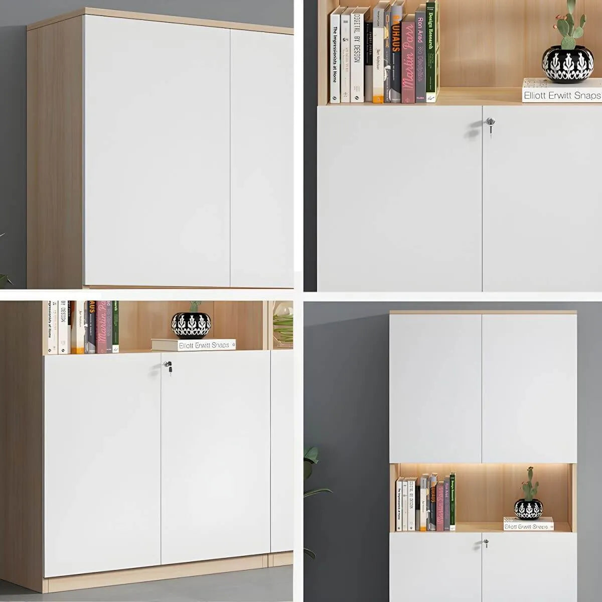 White Wood Display Filing Cabinet With Locking Storage Doors