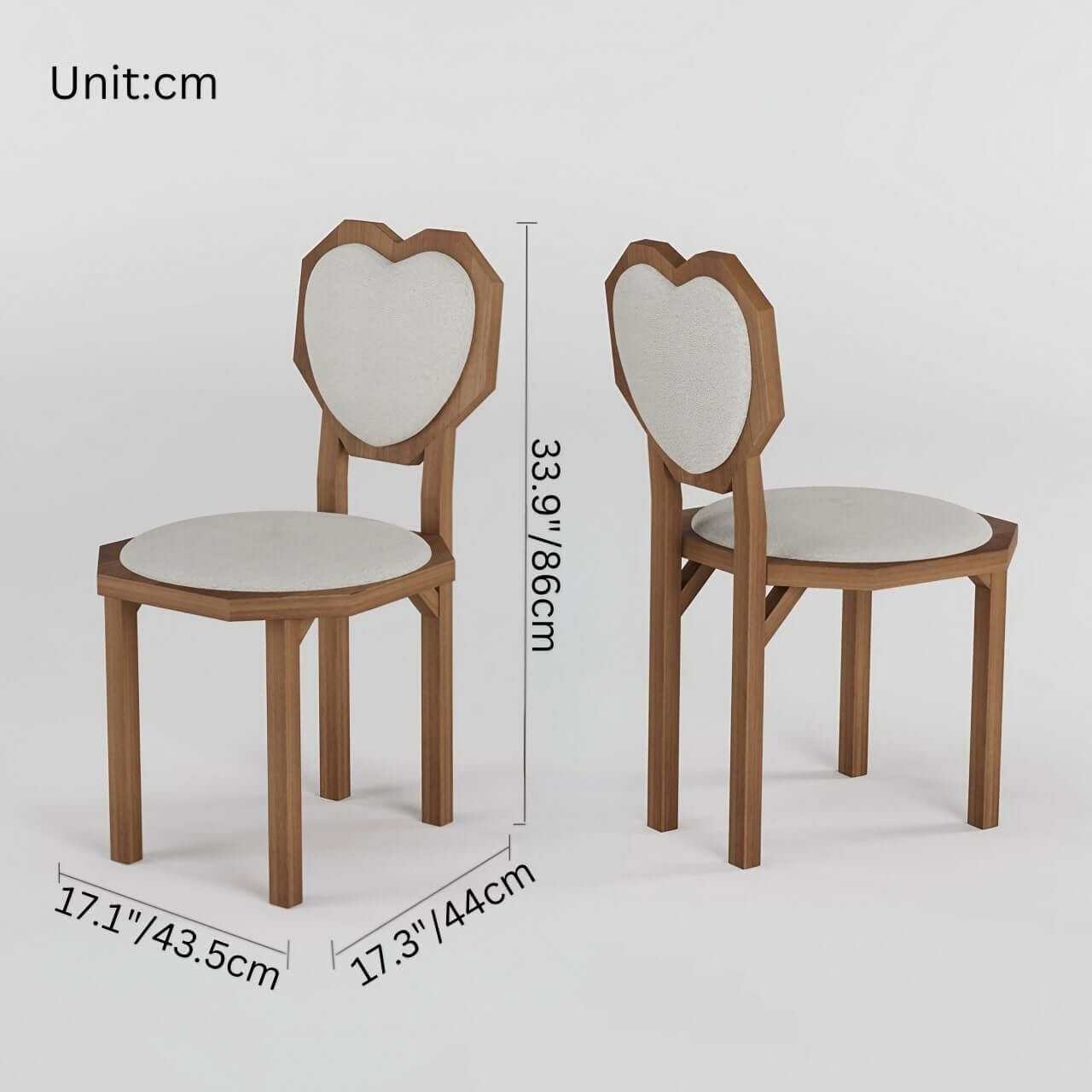 Single white woolen dining chair with heart-shaped back and high aesthetic design dimensions
