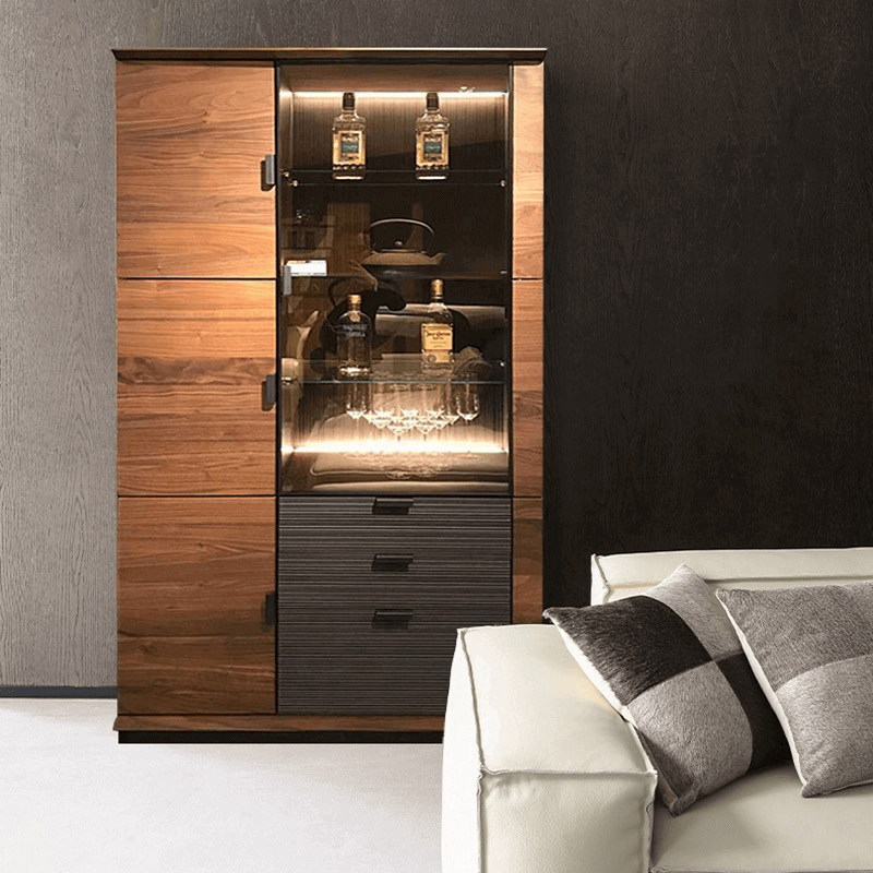 Wine Bar Cabinet With Glass Door And Drawers - Black Walnut