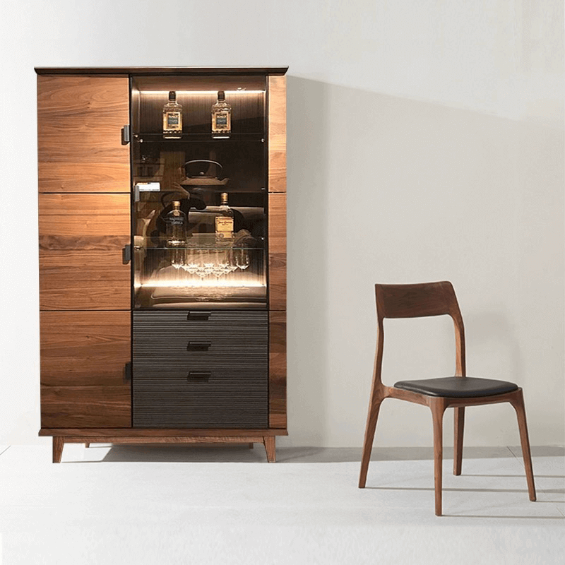 Wine Bar Cabinet With Glass Door And Drawers - Black Walnut