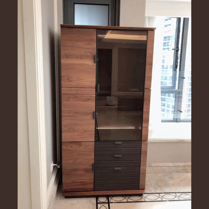 Wine Bar Cabinet With Glass Door And Drawers - Black Walnut