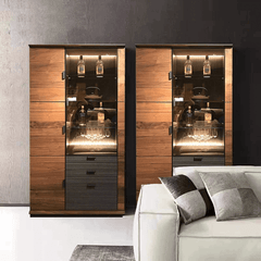 Wine Bar Cabinet With Glass Door And Drawers - Black Walnut