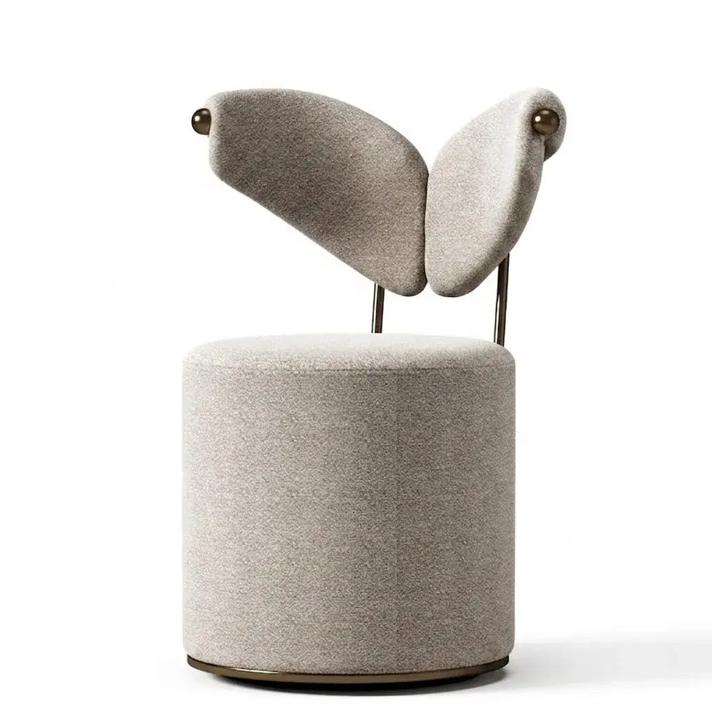 Wingback Ivory Vanity Stool with Hidden Casters and Sculptural Base
