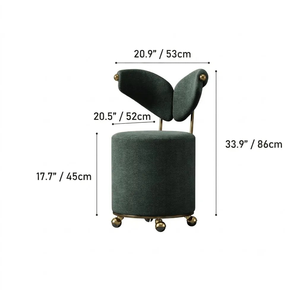 Wingback Ivory Vanity Stool with Hidden Casters and Sculptural Base