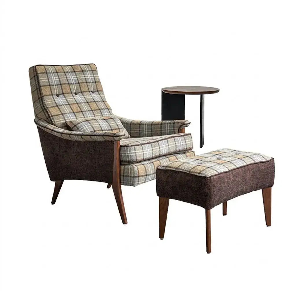Wingback Plaid Chair Series With Leather Trim and Matching Ottoman