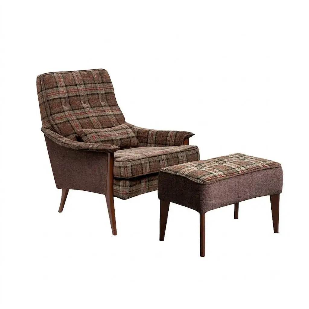 Wingback Plaid Chair Series With Leather Trim and Matching Ottoman