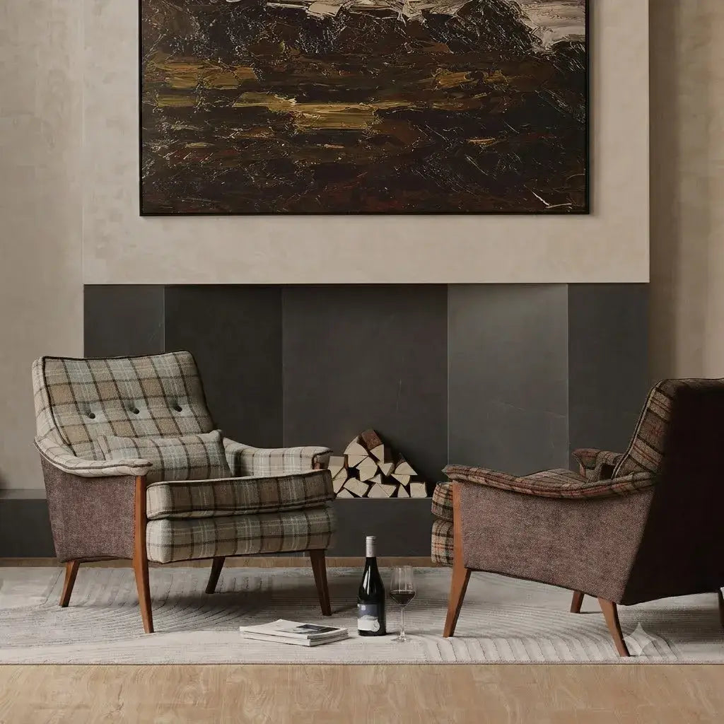 Wingback Plaid Chair Series With Leather Trim and Matching Ottoman Image secondaire du produit