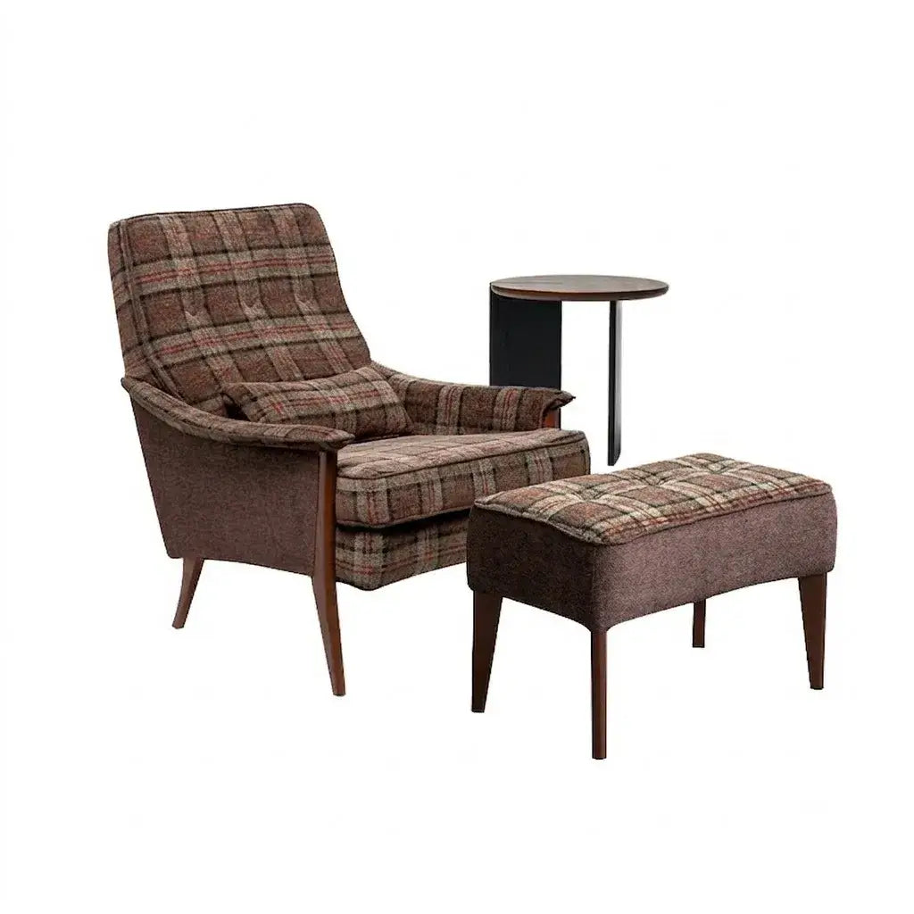 Wingback Plaid Chair Series With Leather Trim and Matching Ottoman