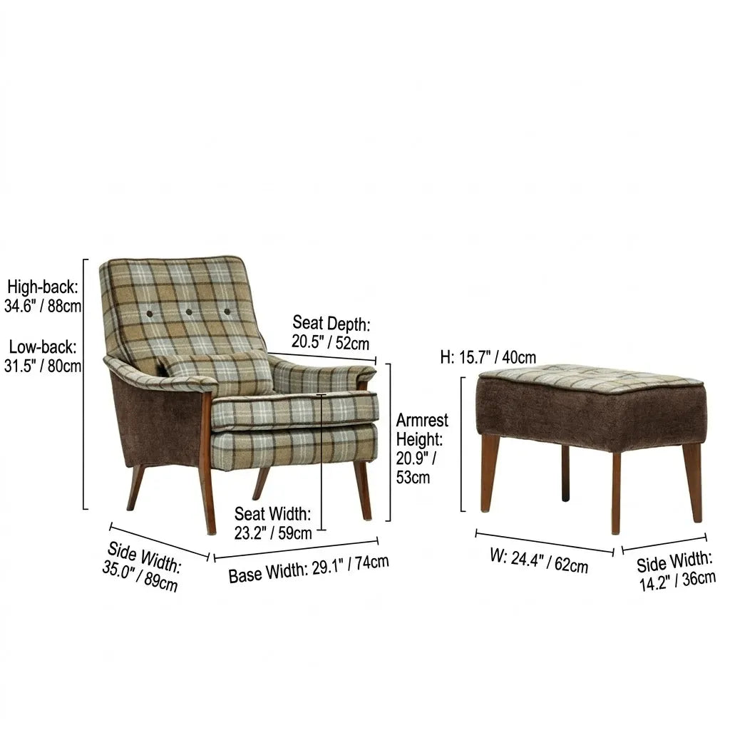 Wingback Plaid Chair Series With Leather Trim and Matching Ottoman Dimensions