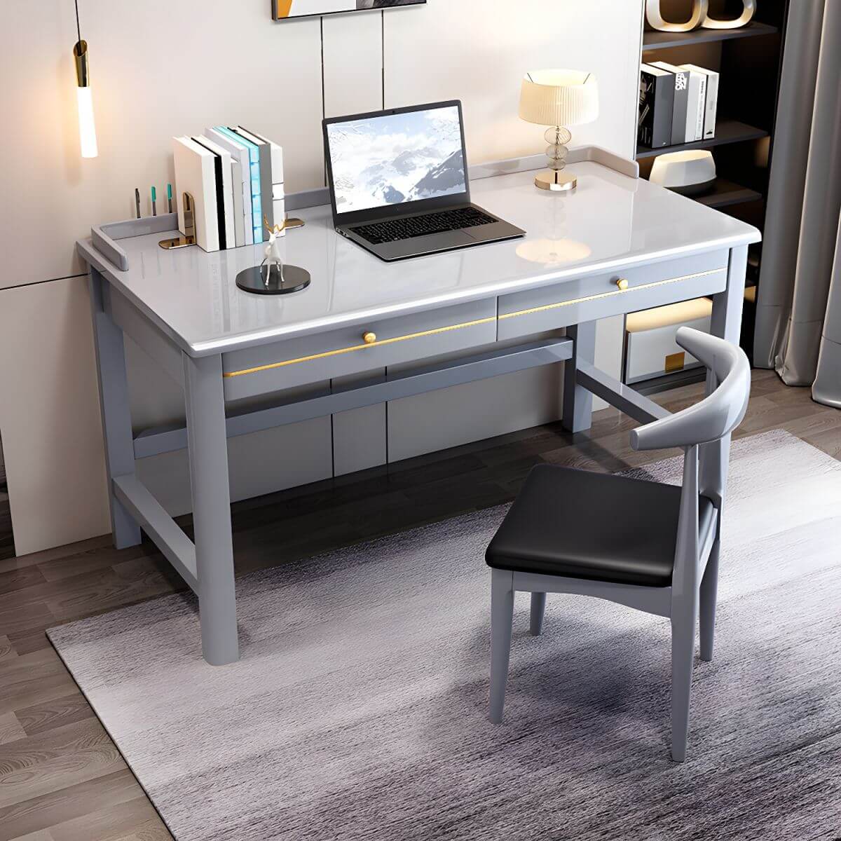 Wood Computer Desk with Storage and Chair Options in Natural Finish