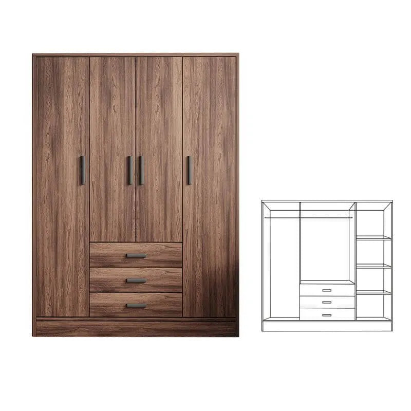 Wood-Grain Bedroom Wardrobe Armoire With Shelves, Drawers, and Rod