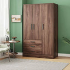 Wood-Grain Bedroom Wardrobe Armoire With Shelves, Drawers, and Rod