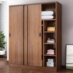 Wood Grain Sliding Door Wardrobe Armoire With Rod and Shelves