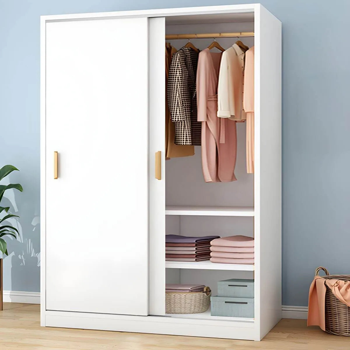 Wood Grain Sliding Door Wardrobe Armoire With Rod and Shelves