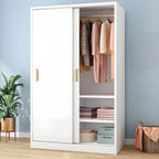 Wood Grain Sliding Door Wardrobe Armoire With Rod and Shelves