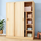 Wood Grain Sliding Door Wardrobe Armoire With Rod and Shelves