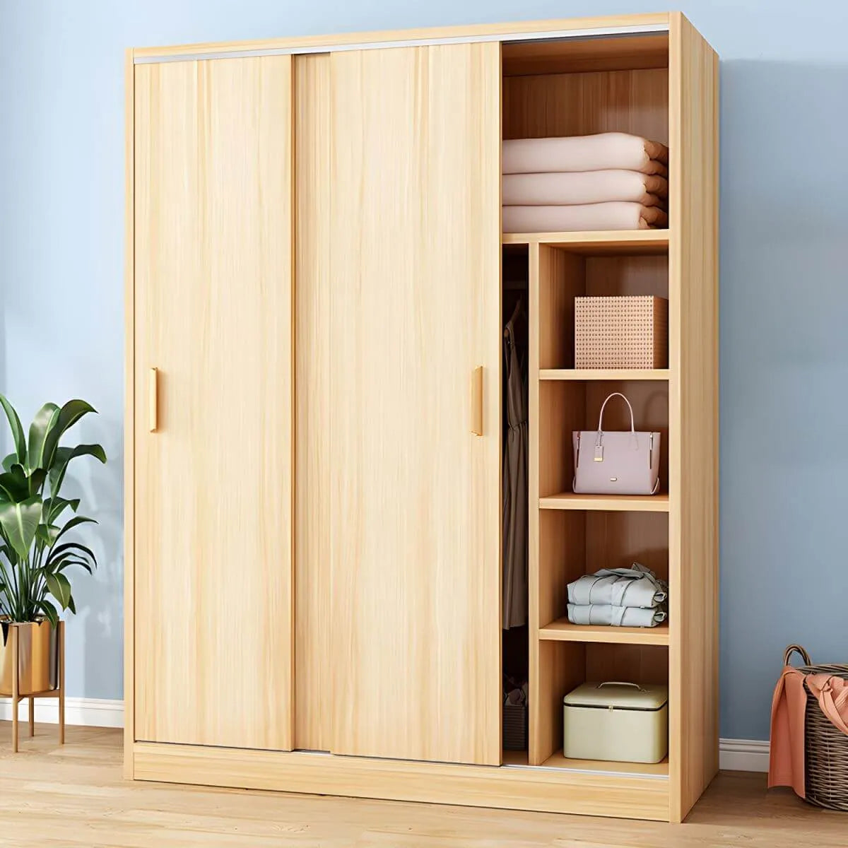Wood Grain Sliding Door Wardrobe Armoire With Rod and Shelves