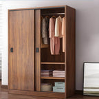 Wood Grain Sliding Door Wardrobe Armoire With Rod and Shelves