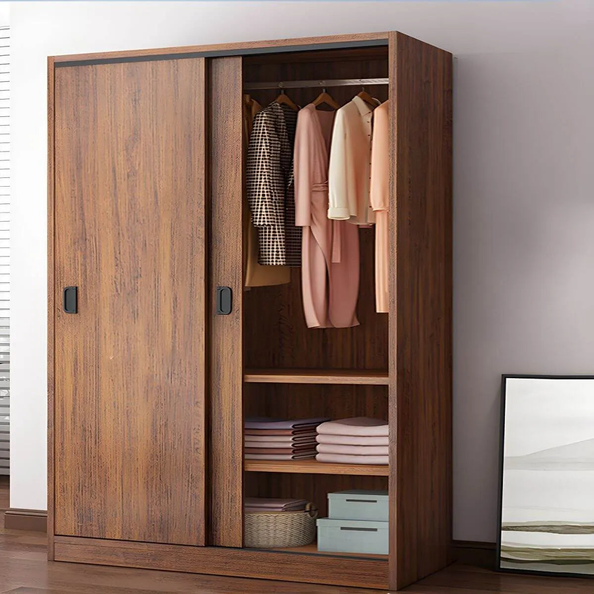 Wood Grain Sliding Door Wardrobe Armoire With Rod and Shelves