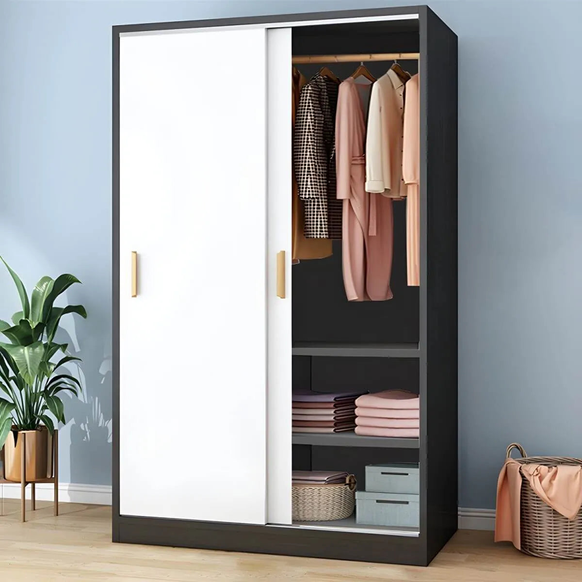 Wood Grain Sliding Door Wardrobe Armoire With Rod and Shelves