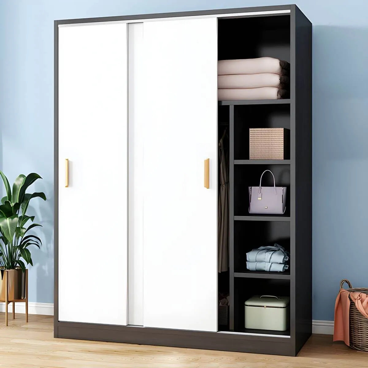 Wood Grain Sliding Door Wardrobe Armoire With Rod and Shelves