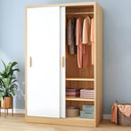 Wood Grain Sliding Door Wardrobe Armoire With Rod and Shelves