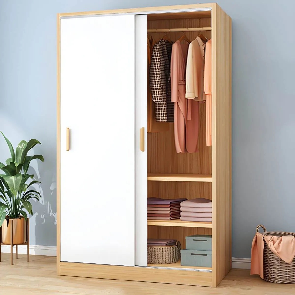 Wood Grain Sliding Door Wardrobe Armoire With Rod and Shelves