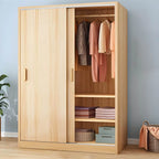 Wood Grain Sliding Door Wardrobe Armoire With Rod and Shelves