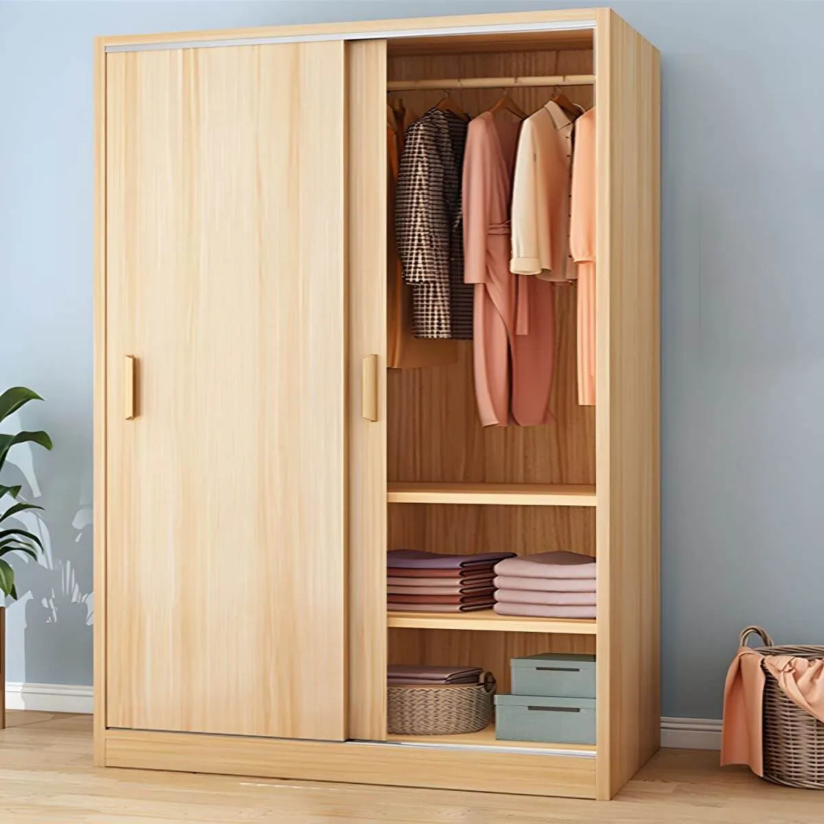 Wood Grain Sliding Door Wardrobe Armoire With Rod and Shelves