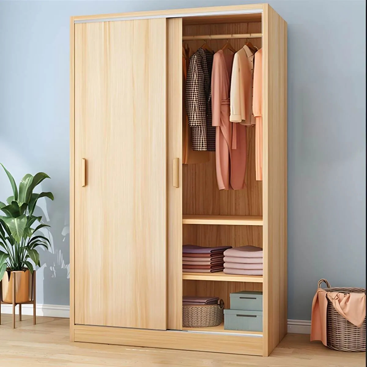 Wood Grain Sliding Door Wardrobe Armoire With Rod and Shelves