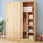 Wood Grain Sliding Door Wardrobe Armoire With Rod and Shelves