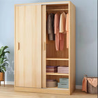 Wood Grain Sliding Door Wardrobe Armoire With Rod and Shelves