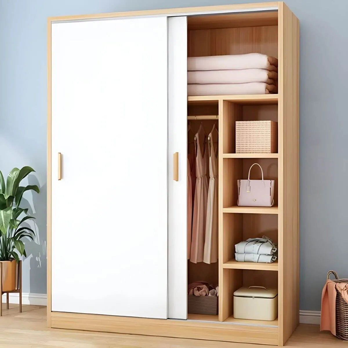 Wood Grain Sliding Door Wardrobe Armoire With Rod and Shelves
