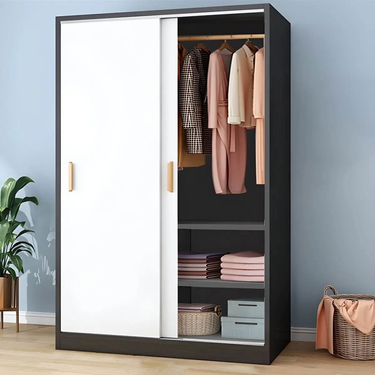 Wood Grain Sliding Door Wardrobe Armoire With Rod and Shelves