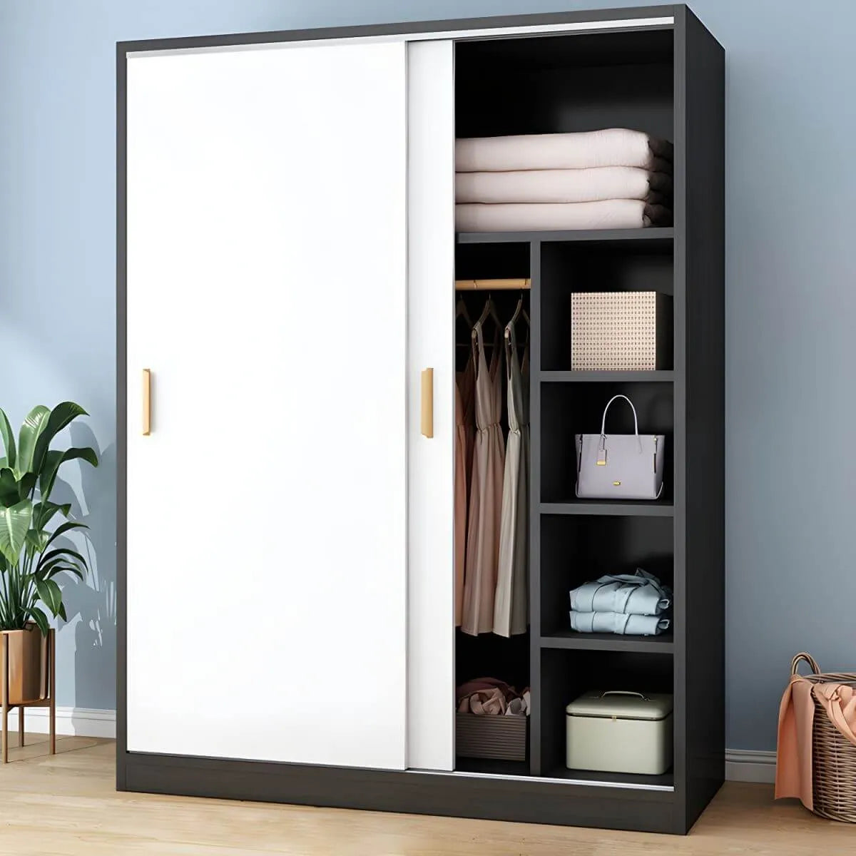 Wood Grain Sliding Door Wardrobe Armoire With Rod and Shelves
