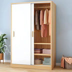 Wood Grain Sliding Door Wardrobe Armoire With Rod and Shelves